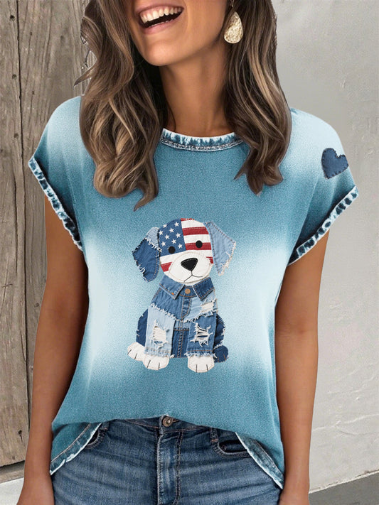 Women's denim dog print T-shirt
