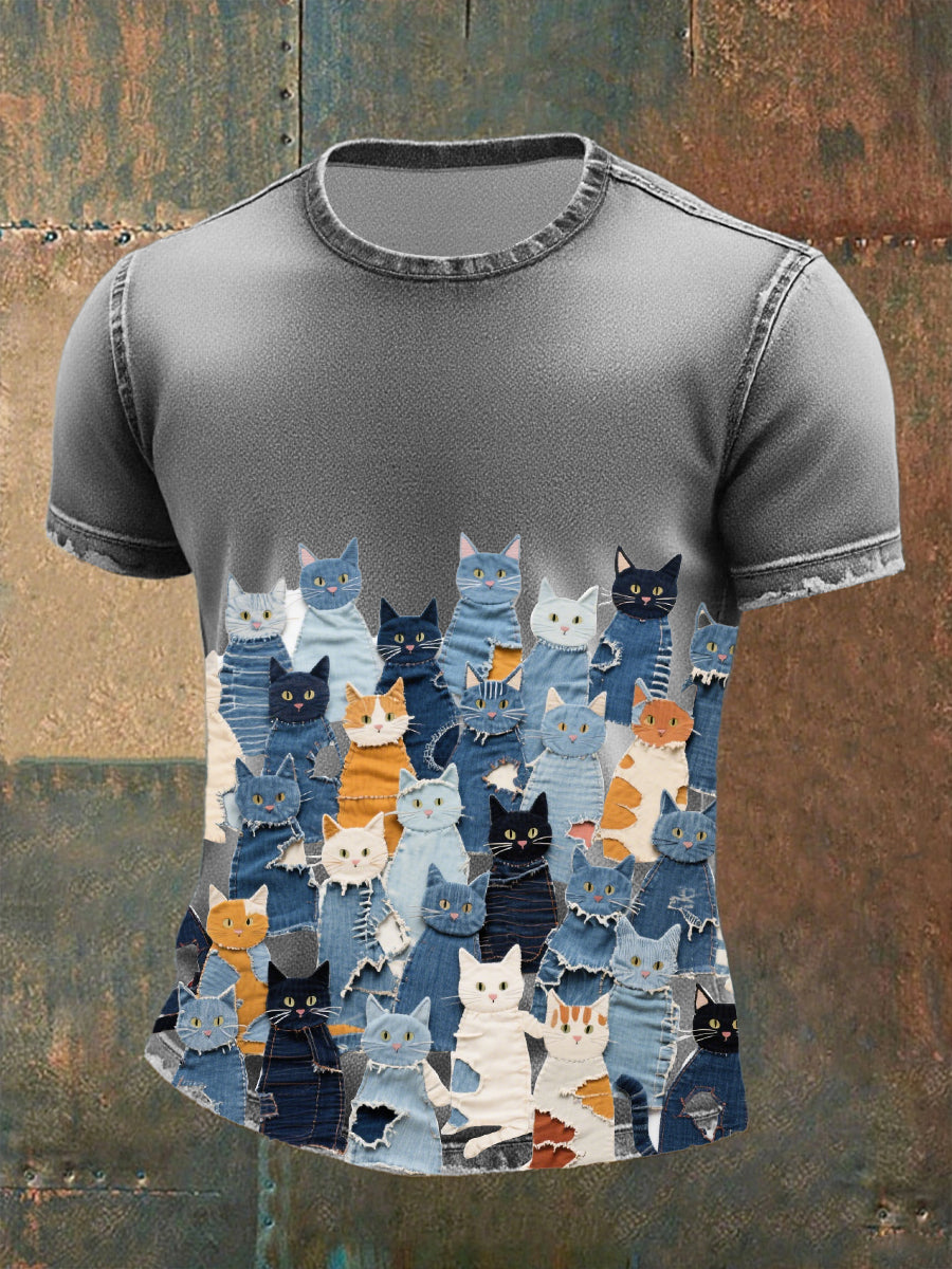 Men's denim cat print t-shirt