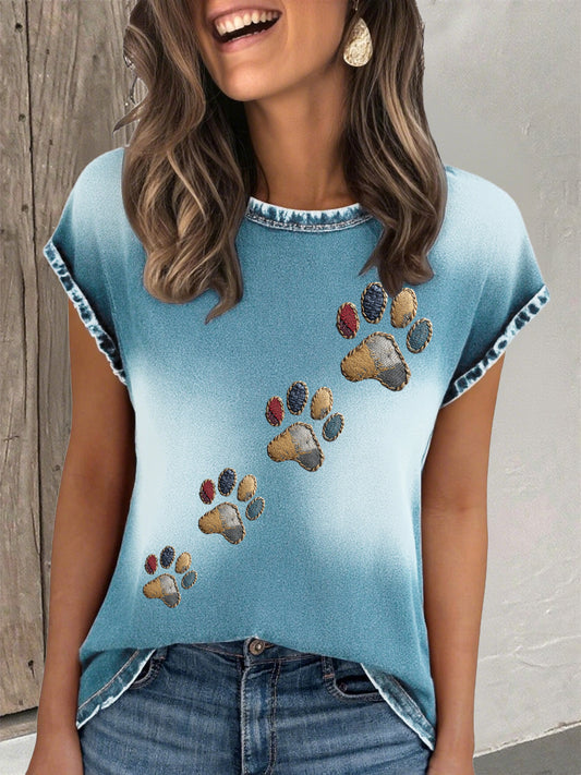 Women's denim paw print T-shirt