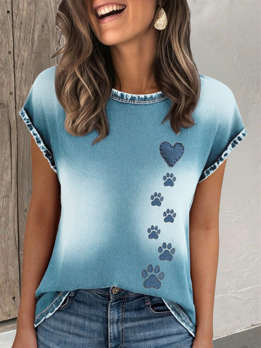 Women's denim paw and heart-shaped T-shirt
