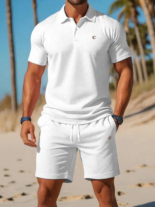 Men's Retro Print Resort Style Polo Shirt and Shorts Set