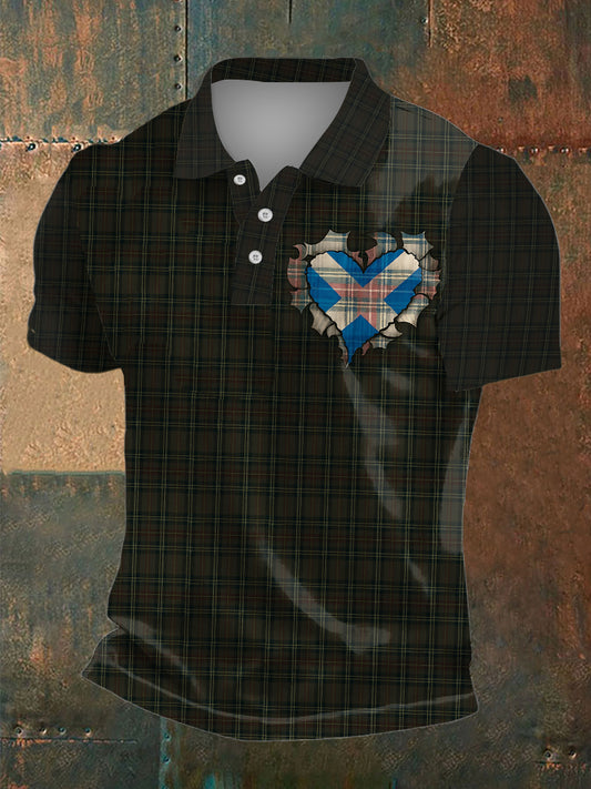 Men's Scotland Tartan Print Polo Collar Casual Short Sleeved Shirt