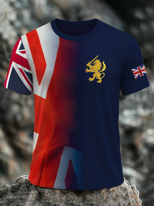 Men's British Flag Lion with Union Jack Print Casual Short Sleeve Tee