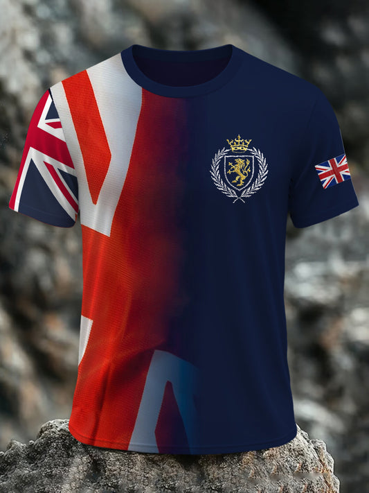 Men's British Flag Lion with Union Jack Print Casual Short Sleeve Tee