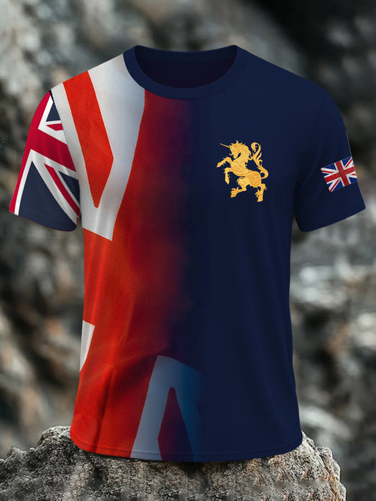 Men's British Flag Lion with Union Jack Print Casual Short Sleeve Tee