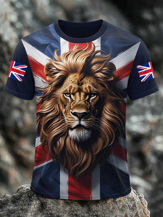 Men's Union Jack Lion Print Casual Tee