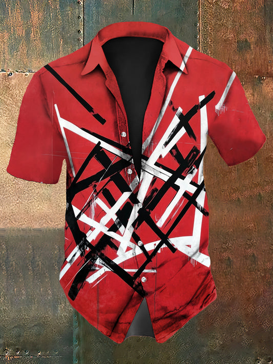 Men's  Vintage Guitar Colourful Lines Music Festival Abstract Print Casual Cotton Short Sleeve Shirt