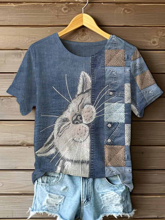 Women's Funny Cute Cat Print Short Sleeve T-Shirt