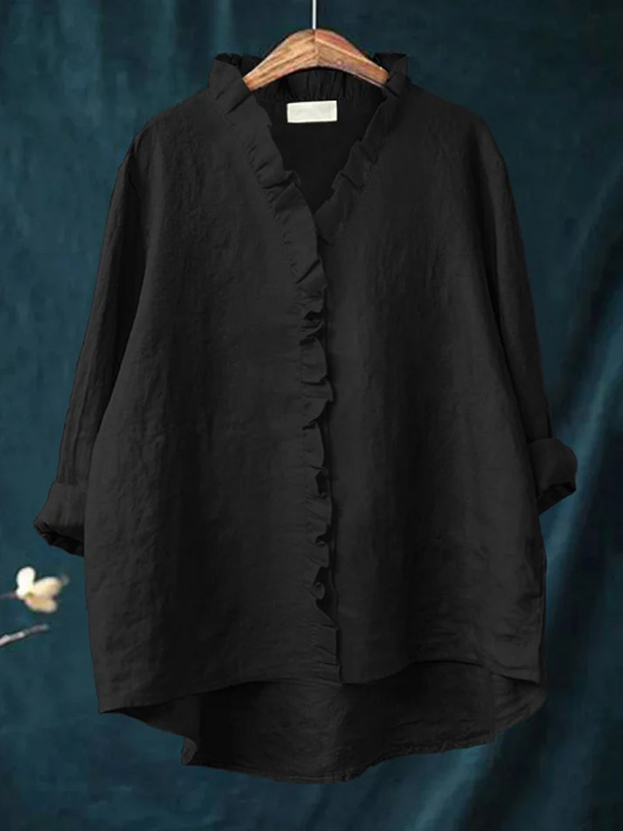 Women's Casual Cotton And Linen Ruffle Shirt