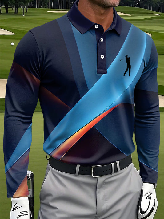 Men's Retro Line Texture Art Print Casual Business Long Sleeve Polo Shirt