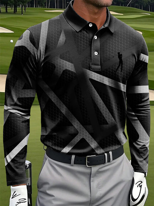 Men's Retro Line Texture Printing Casual Business Long Sleeve Polo Shirt
