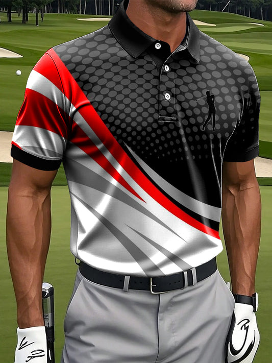 Men's Classic Abstract Line Splicing Art Print Casual Business Polo Shirt