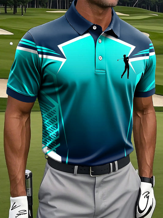 Men's Retro Gradient Geometric Patchwork Printed Casual Business Polo Shirt