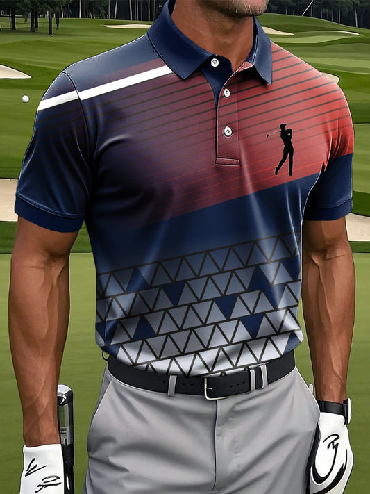 Men's Retro Gradient Striped Geometric Art Print Casual Business Polo Shirt