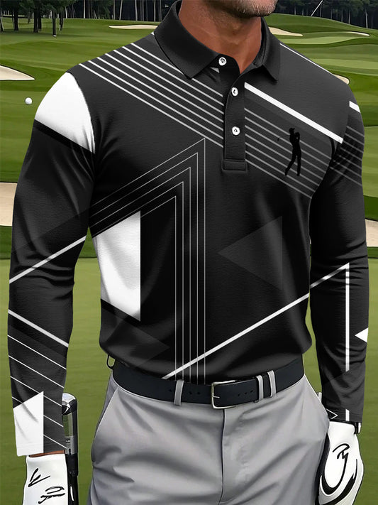 Men's Retro Line Geometric Printing Casual Business Long Sleeve Polo Shirt