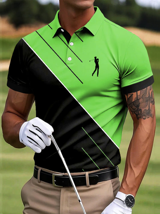 Men's Retro Color Block Line Art Print Casual Business Polo Shirt