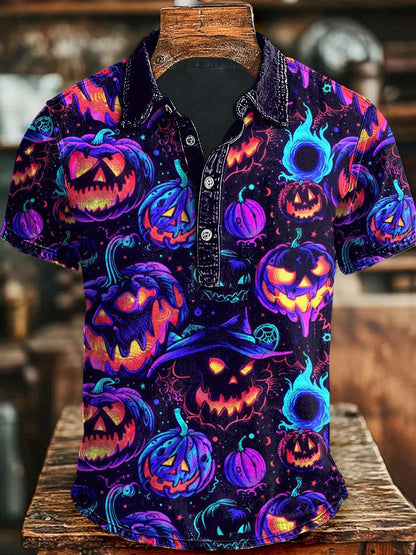 Halloween Evil Pumpkin Print Casual Short Sleeve Polo Shirt