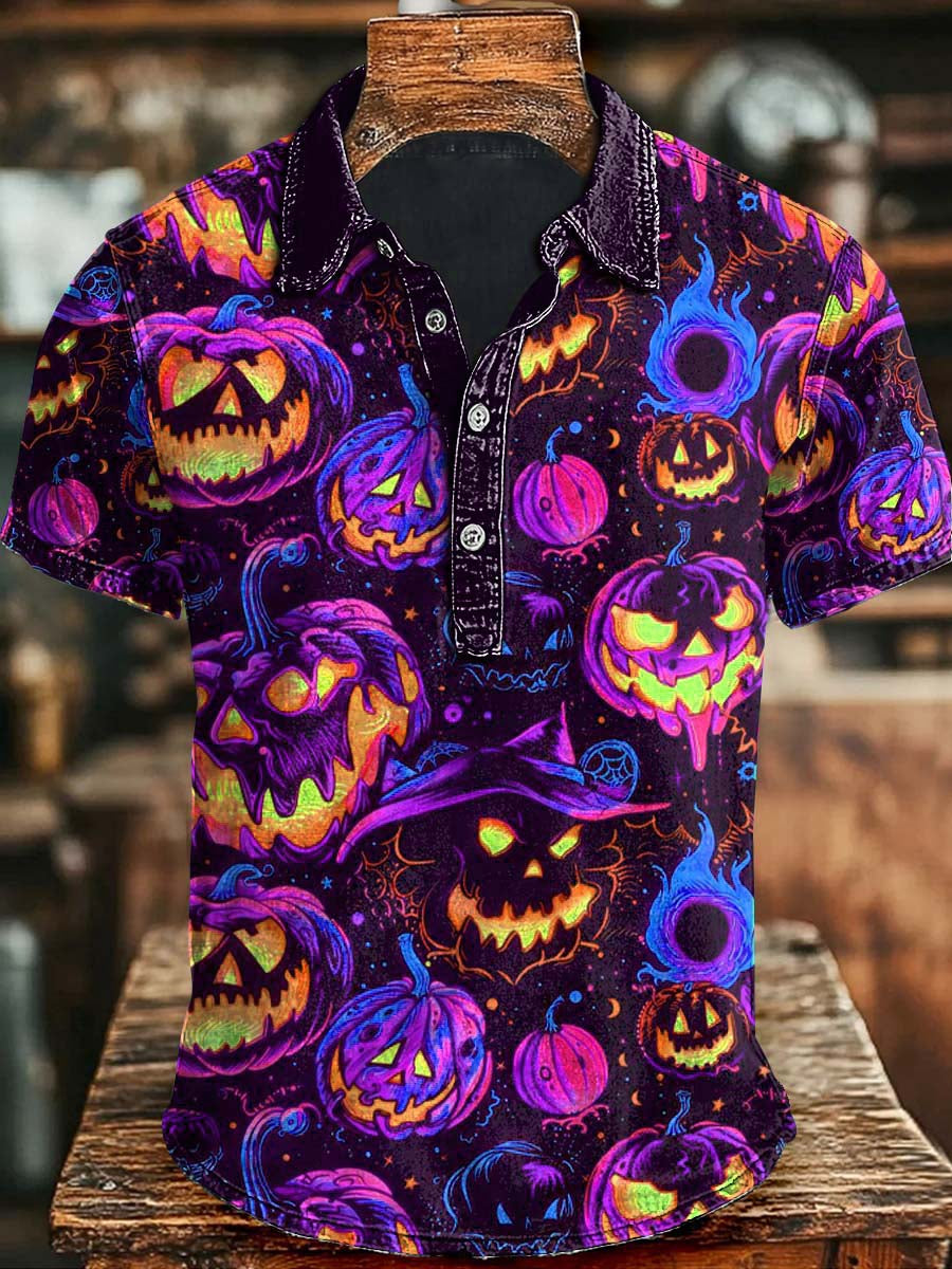 Halloween Evil Pumpkin Print Casual Short Sleeve Polo Shirt