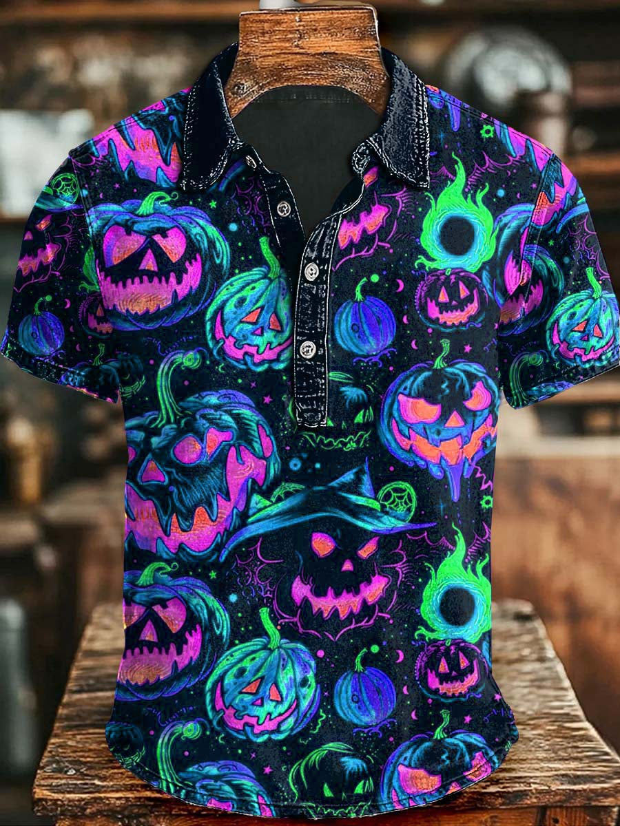 Halloween Evil Pumpkin Print Casual Short Sleeve Polo Shirt