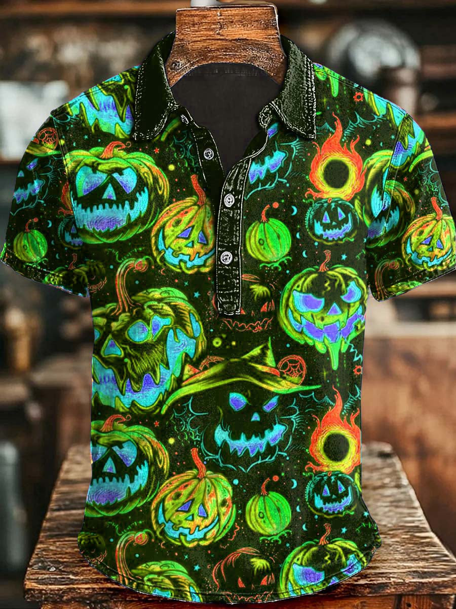 Halloween Evil Pumpkin Print Casual Short Sleeve Polo Shirt