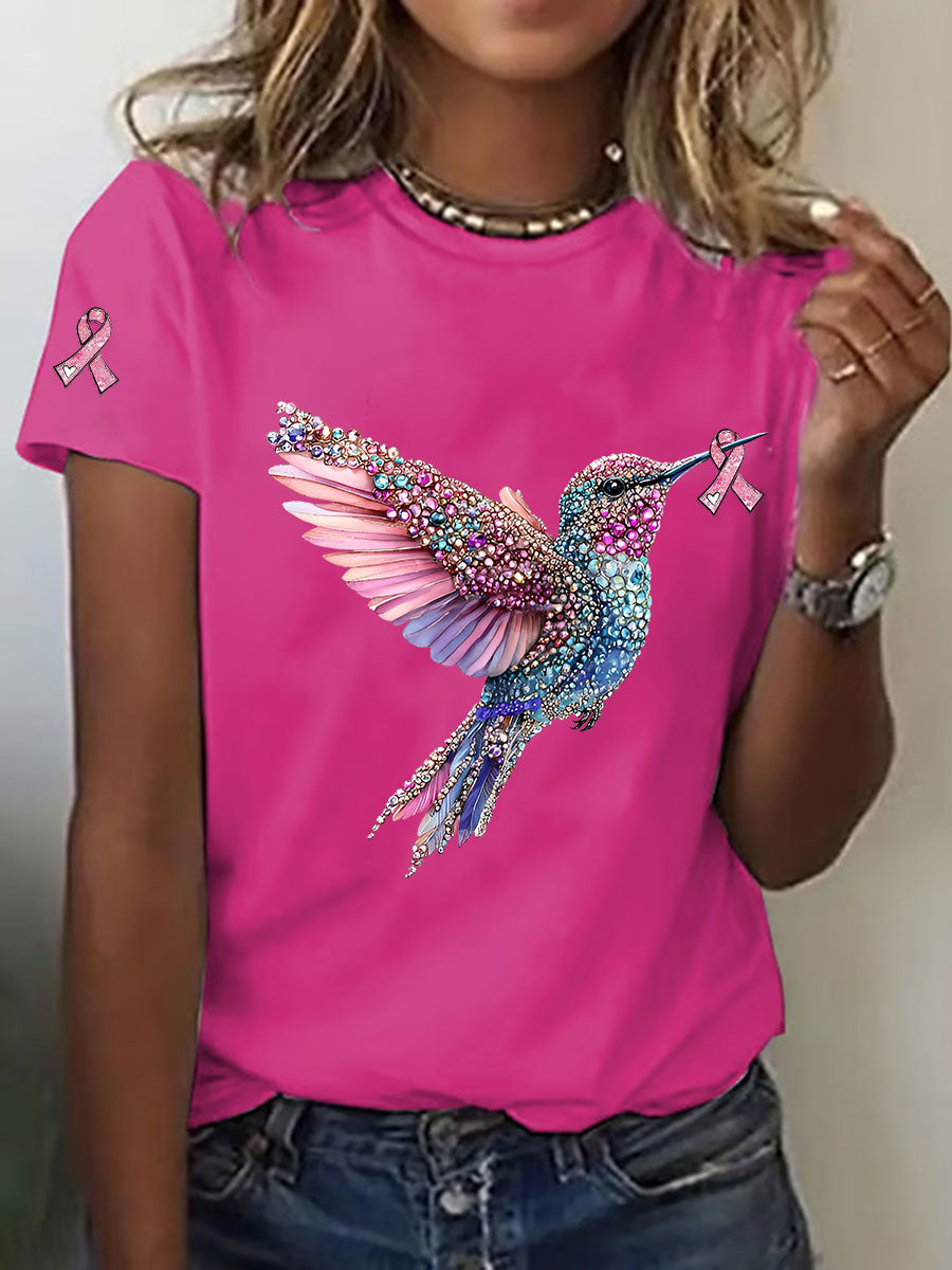 Women's Breast Cancer Awareness Hummingbird Print Casual T-Shirt