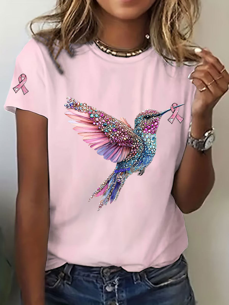 Women's Breast Cancer Awareness Hummingbird Print Casual T-Shirt