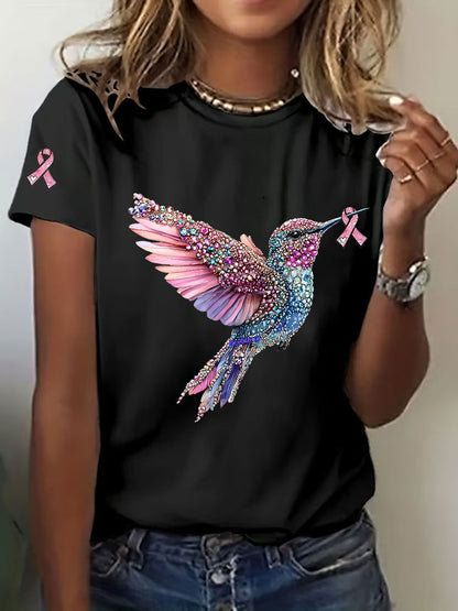 Women's Breast Cancer Awareness Hummingbird Print Casual T-Shirt