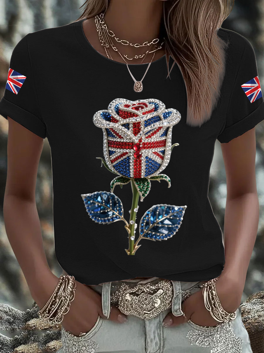 Women's British imitation diamond hot-drilling Printed Iron On Short Sleeve T-Shirt
