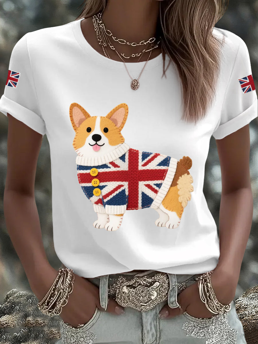 Women's Cute Corgi Union Jack Print Casual Tee