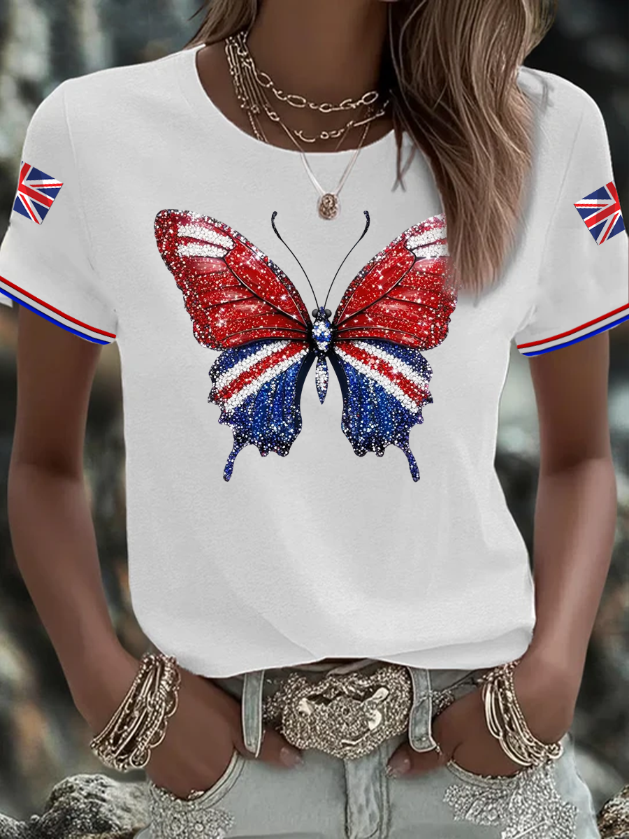 Women's British imitation diamond hot-drilling Printed short-sleeved T-shirt