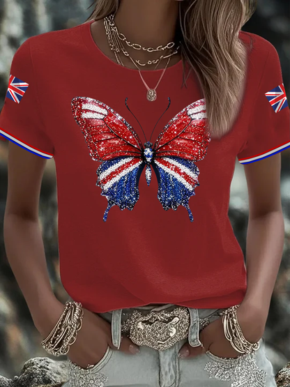 Women's British imitation diamond hot-drilling Printed short-sleeved T-shirt