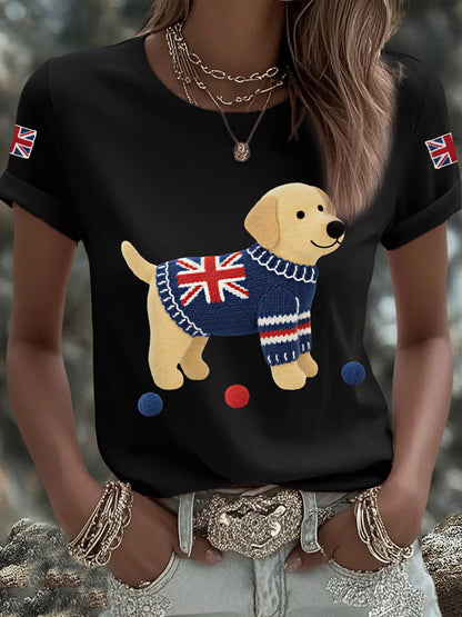 Women's Cute Labrador Union Jack Print Casual Tee