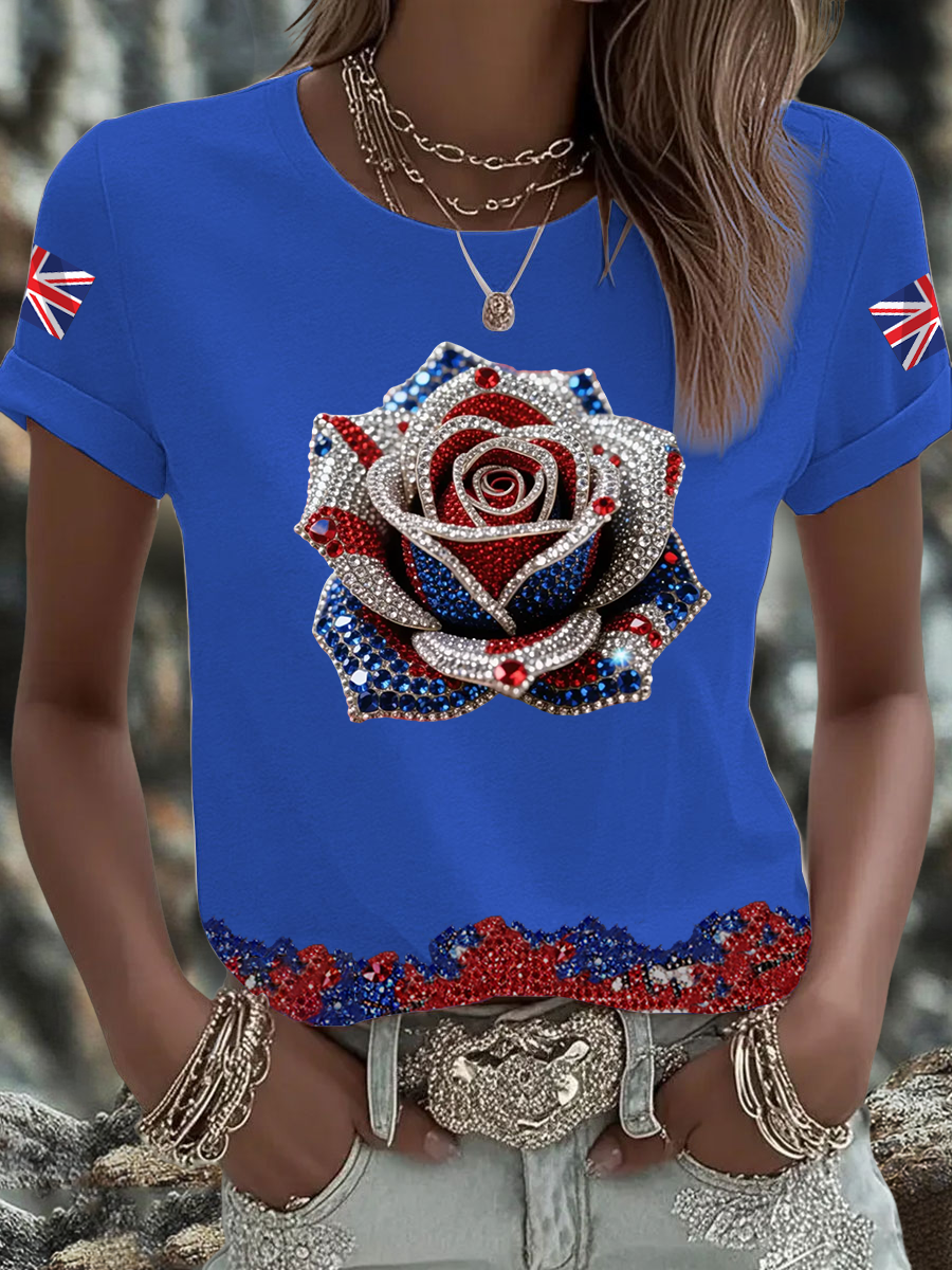 Women's British imitation diamond hot-drilling Printed short-sleeved T-shirt