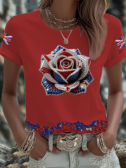 Women's British imitation diamond hot-drilling Printed short-sleeved T-shirt