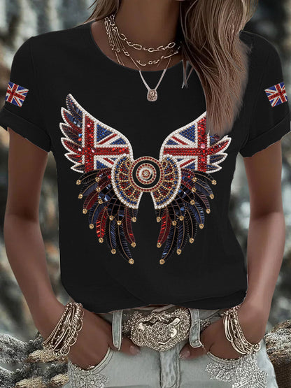 Women's British imitation diamond hot-drilling Printed Iron On Short Sleeve T-Shirt