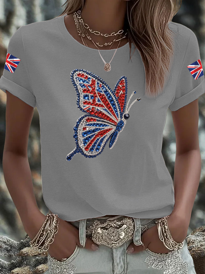 Women's British imitation diamond hot-drilling Printed short-sleeved T-shirt