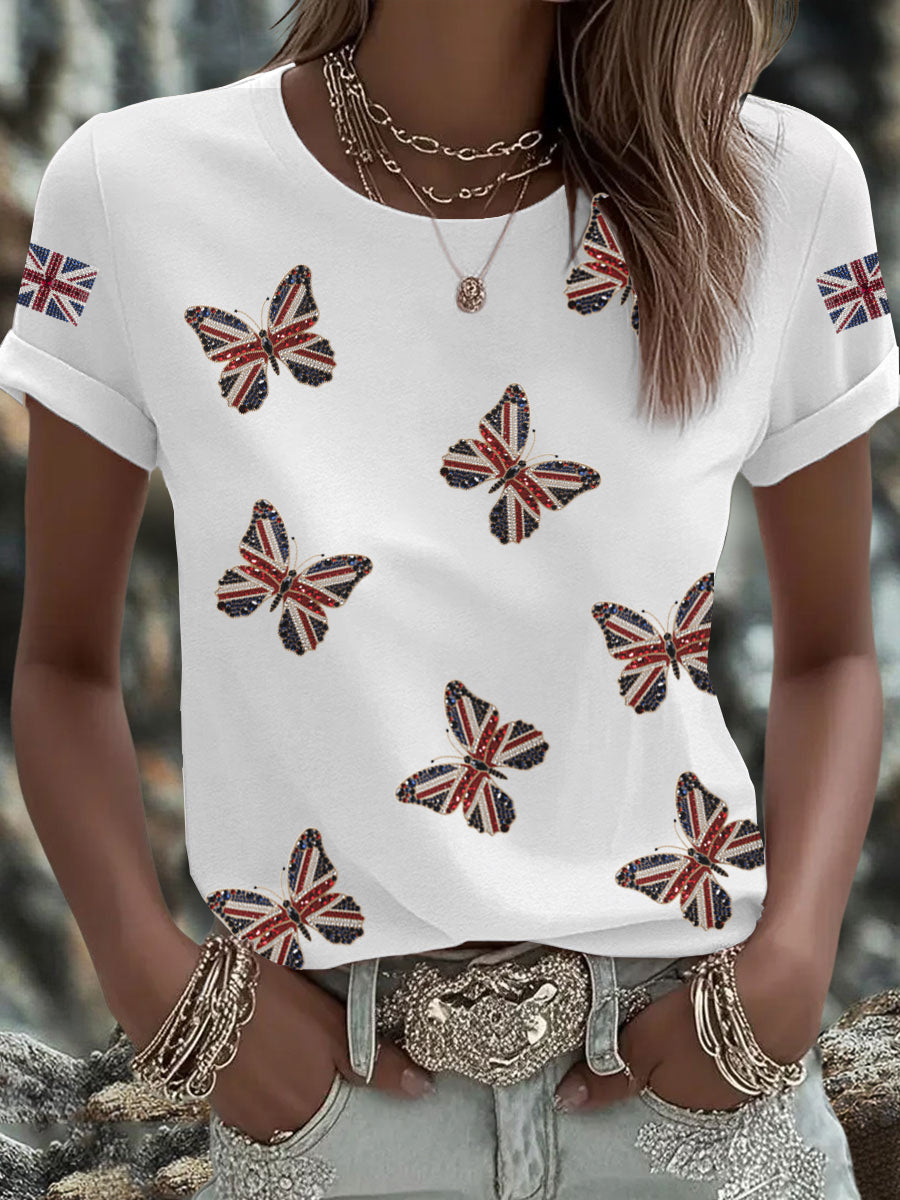 Women's British imitation diamond hot-drilling Printed Iron On Short Sleeve T-Shirt