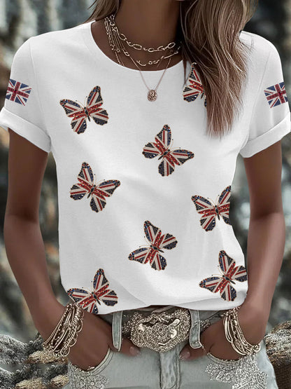 Women's British imitation diamond hot-drilling Printed Iron On Short Sleeve T-Shirt