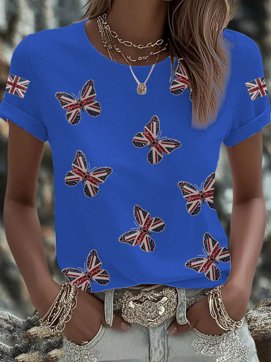 Women's British imitation diamond hot-drilling Printed Iron On Short Sleeve T-Shirt
