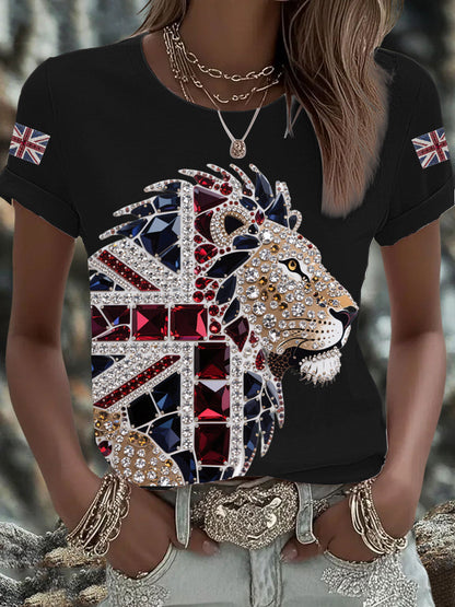 Women's British imitation diamond hot-drilling Printed Iron On Short Sleeve T-Shirt