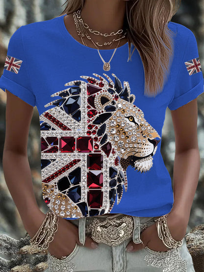 Women's British imitation diamond hot-drilling Printed Iron On Short Sleeve T-Shirt