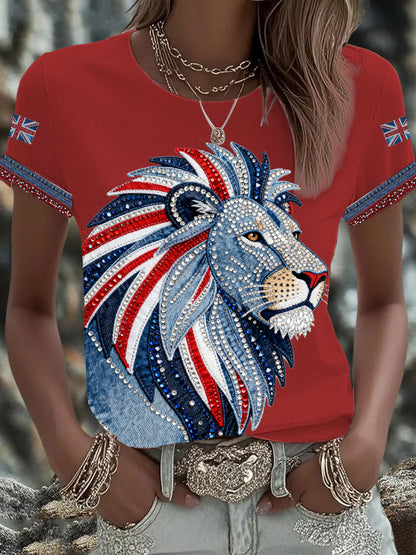 Women's British style imitation denim rhinestone hot-drill Printed Iron On Short Sleeve T-Shirt