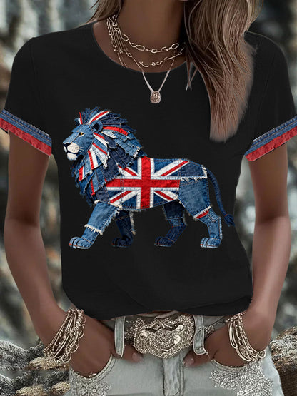 Women's British Faux Denim Printed T-shirt