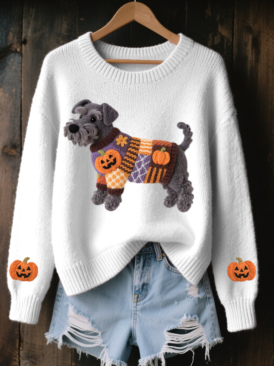 Women's Halloween Inspired Schnauzer Dog Felt Art Cozy Knit Sweater