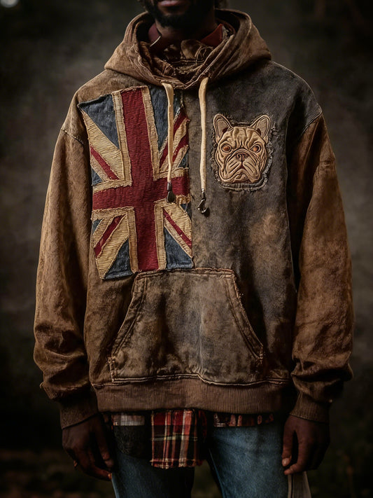 Men's Vintage England Flag French Bulldog Printed Hoodie