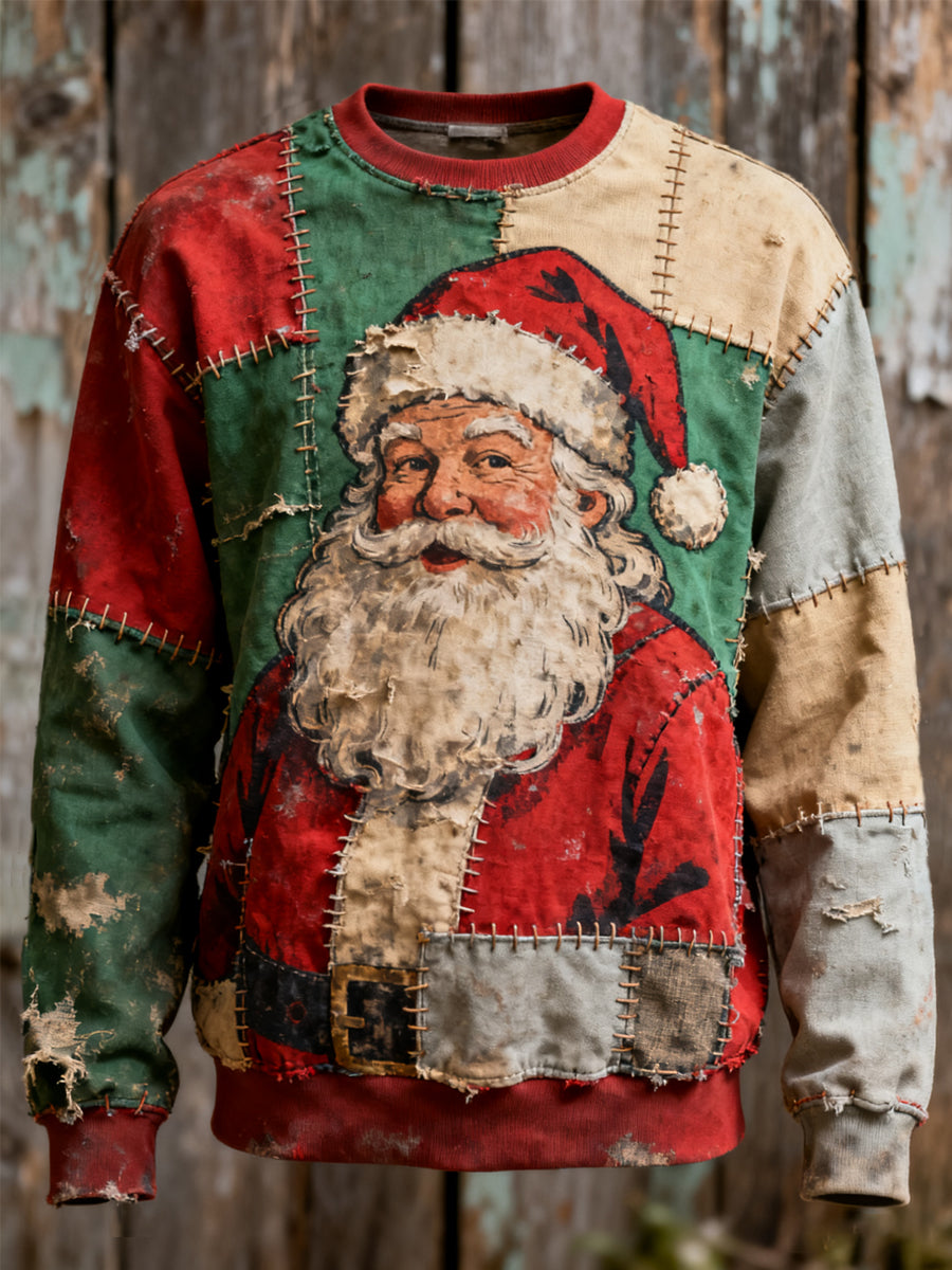 Men's Vintage Christmas Santa Claus Patchwork Print Casual Sweatshirt