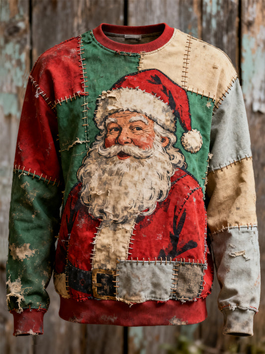 Men's Vintage Christmas Santa Claus Patchwork Print Casual Sweatshirt