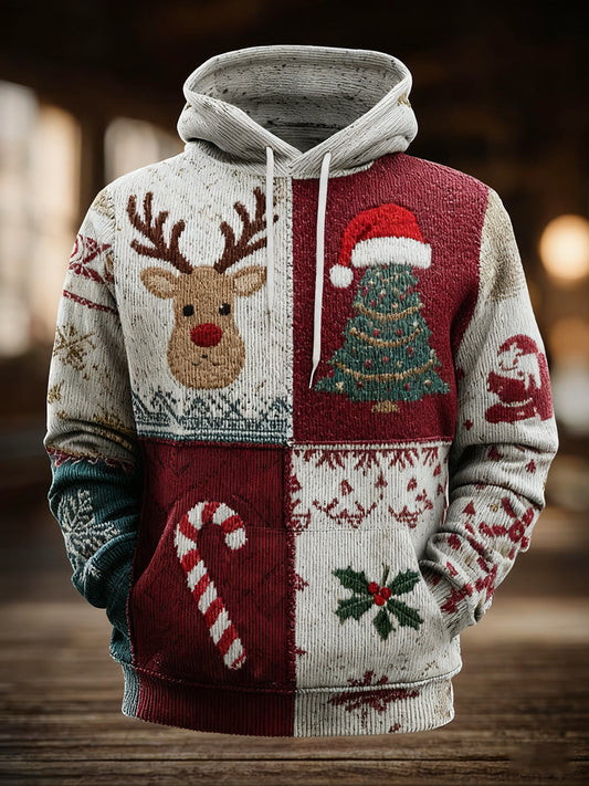 Men's Vintage Christmas Print Oversized Drop-Shoulder Hoodie with Pockets