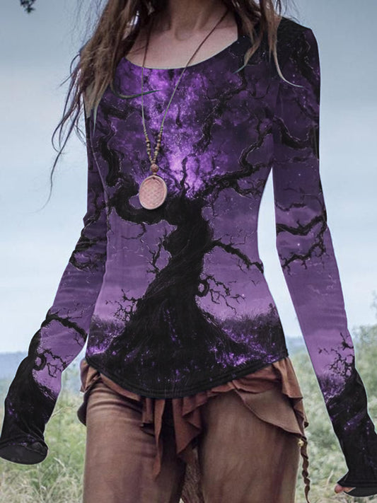 Women's Vintage Viking Tree of Life Gradient Round Neck Long Sleeve T-Shirt