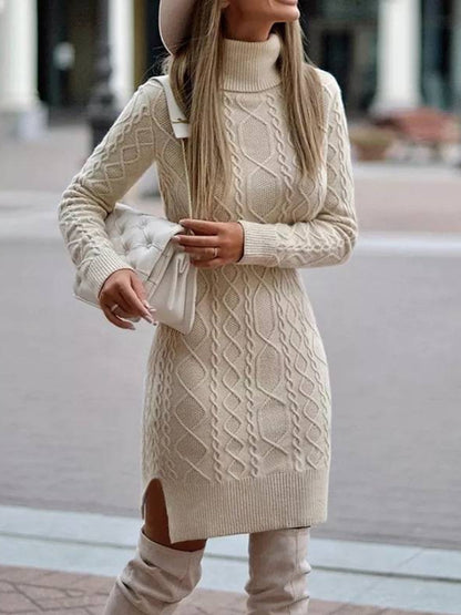 Women's Winter Turtleneck Tight Fit Sexy Hip-Wrap Wool Sweater Dress
